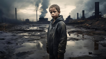 Child on the background of smoke from the chimneys of the plantの素材