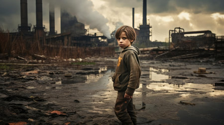 Child on the background of smoke from the chimneys of the plantの素材