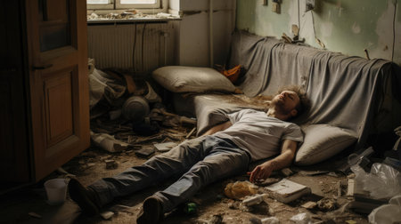 Lazy man lying in a dirty room among broken furnitureの素材