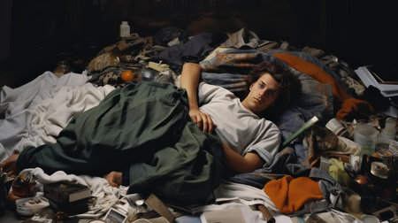 Lazy man lying in bed in dirty roomの素材