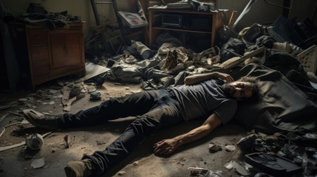 Lazy man lying in a dirty room among broken furnitureの素材