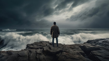 Man standing on the edge of a cliff in front of the oceanの素材
