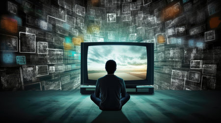 Man in front of TV watching propagandaの素材