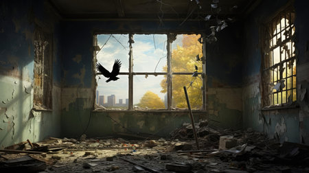 Crows in a ruined school buildingの素材