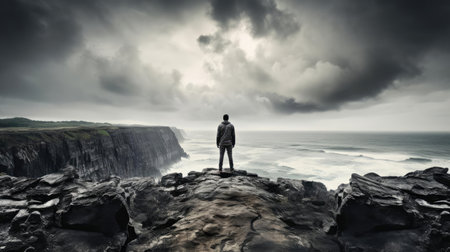 Man standing on the edge of a cliff in front of the oceanの素材