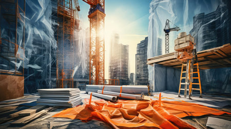 Construction drawings on the background of the construction siteの素材