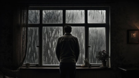A lonely man stands in front of a windowの素材