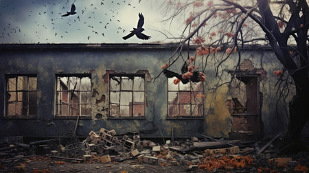 Crows in a ruined school buildingの素材