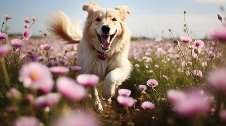 Joyful dog running on meadow with flowersの素材