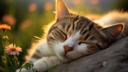 A cat sleeps on a pillow with its ownerの素材