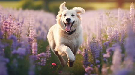 Joyful dog running on meadow with flowersの素材