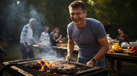 Smiling man reading a book in an armchair in front of the fireplaceの素材