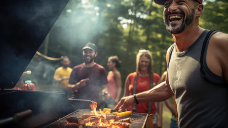 Smiling man reading a book in an armchair in front of the fireplaceの素材