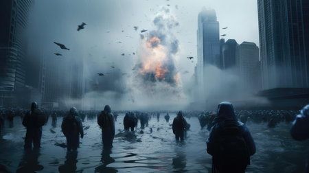 Flooding in the city. People walking in the waterの素材