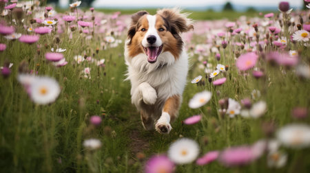 Joyful dog running on meadow with flowersの素材