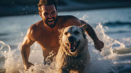 Joyful man running on water after his dogの素材