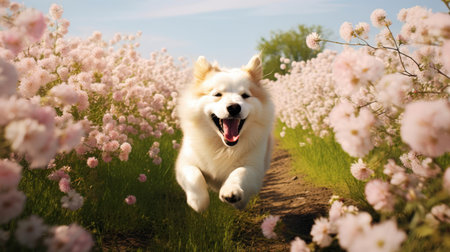 Joyful dog running on meadow with flowersの素材