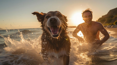 Joyful man running on water after his dogの素材