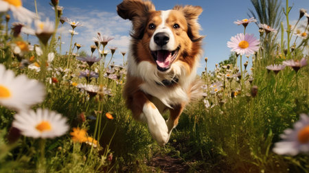 Joyful dog running on meadow with flowersの素材