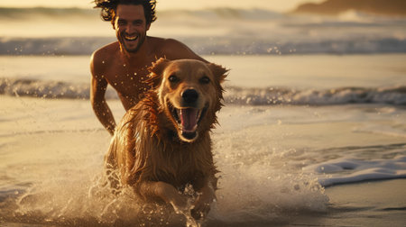 Joyful man running on water after his dogの素材