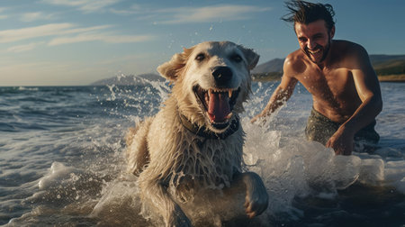 Joyful man running on water after his dogの素材