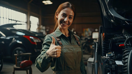 Young beautiful woman in mechanic costume in auto repair shopの素材