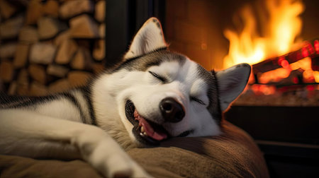 Dog sleeping near a burning fireplaceの素材