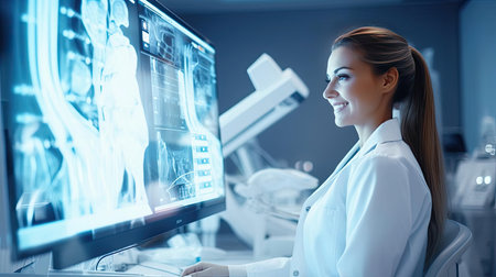 A medical worker or a doctor in a white coat in a modern clinicの素材