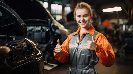 Young beautiful woman in mechanic costume in auto repair shopの素材