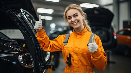 Young beautiful woman in mechanic costume in auto repair shopの素材