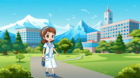 Medical clinic on the background of a mountain landscapeの素材
