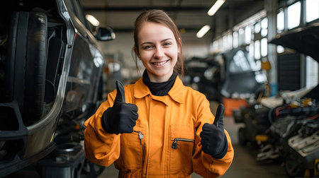 Young beautiful woman in mechanic costume in auto repair shopの素材