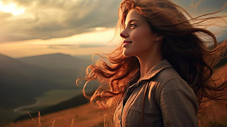 Young joyful woman with loose hair in natureの素材