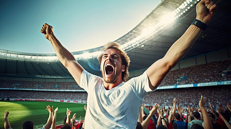 Happy man raising his hands in the air at a football gameの素材