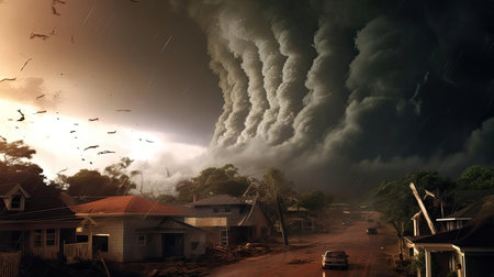 A huge tornado is approaching housesの素材