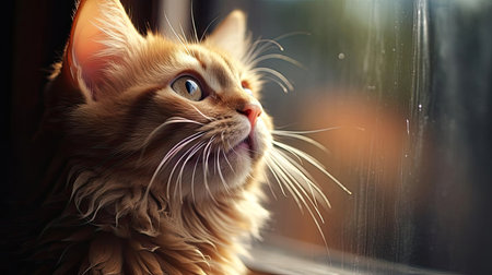 Cat looking out the window at the streetの素材