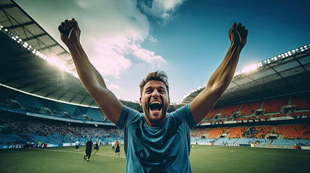 Happy man raising his hands in the air at a football gameの素材