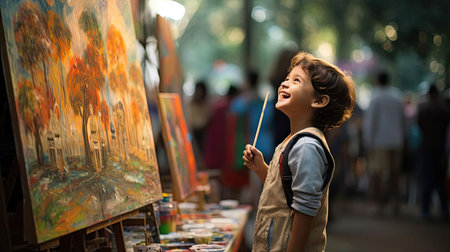 Child artist at art exhibitionの素材