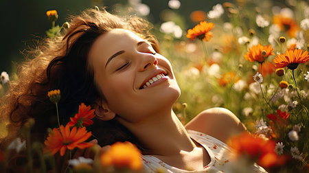 Happy young woman lying on a meadow among flowersの素材