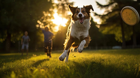 Dog in the park jumping for a toyの素材