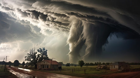 A huge tornado is approaching housesの素材