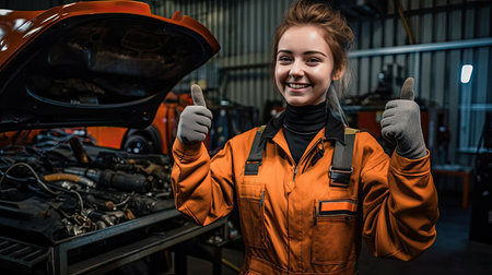 Young beautiful woman in mechanic costume in auto repair shopの素材