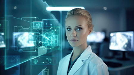 A medical worker or a doctor in a white coat in a modern clinicの素材