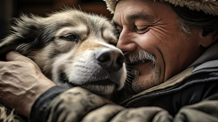 Man hugging his beloved dogの素材