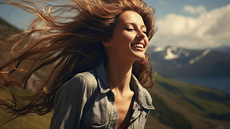 Young joyful woman with loose hair in natureの素材
