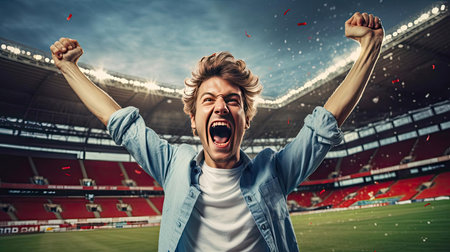 Happy man raising his hands in the air at a football gameの素材