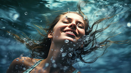 Young happy woman swimming in the waterの素材