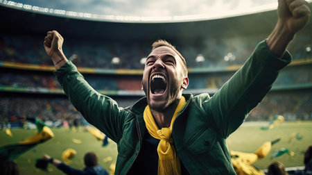 Happy man raising his hands in the air at a football gameの素材