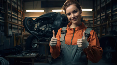 Young beautiful woman in mechanic costume in auto repair shopの素材
