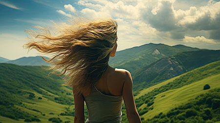 Young joyful woman with loose hair in natureの素材